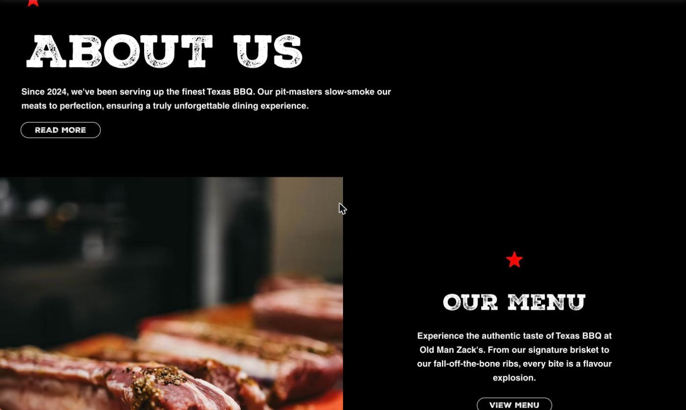 Home page: About us and Our menu
