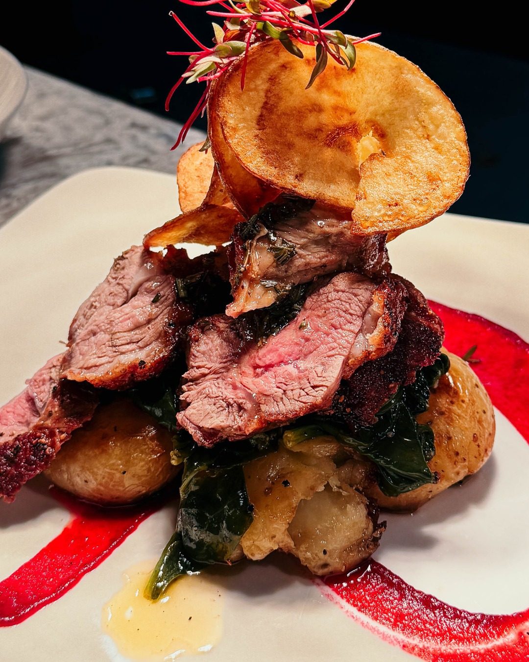 Lamb rump with roast potato and beetroot